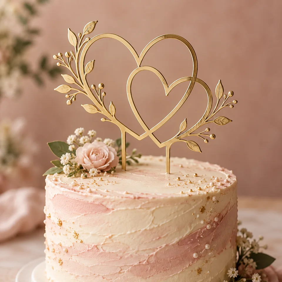 Gold heart-shaped cake topper displayed on a blush celebration cake